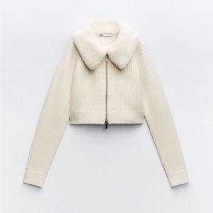 Zara FAUX FUR LAPEL COLLAR KNIT CARDIGAN